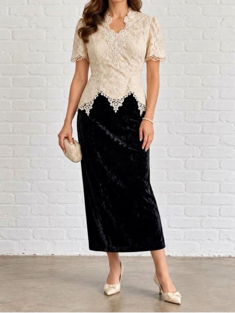 Vintage Scott McClintock 14 Ivory Lace Black Velvet Formal Maxi Dress
